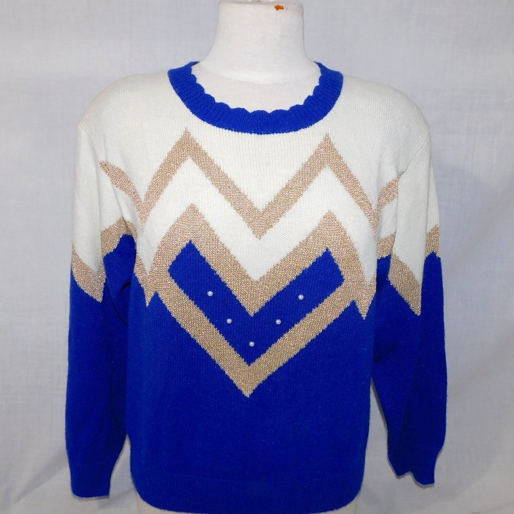 VTG 80s Blue White Gold Scalloped Neck Sweater Goldberg style TanJay Womens M